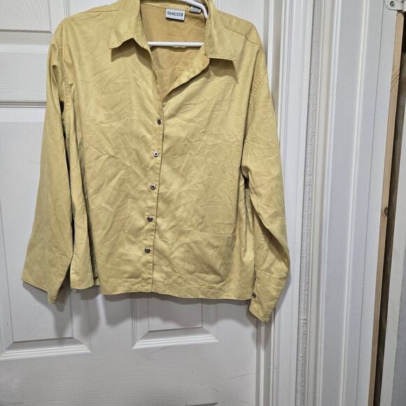 Chico’s Faux Suede Button Up Blouse Yellow Long Sleeve Top Size XL 3 - Picture 2 of 9